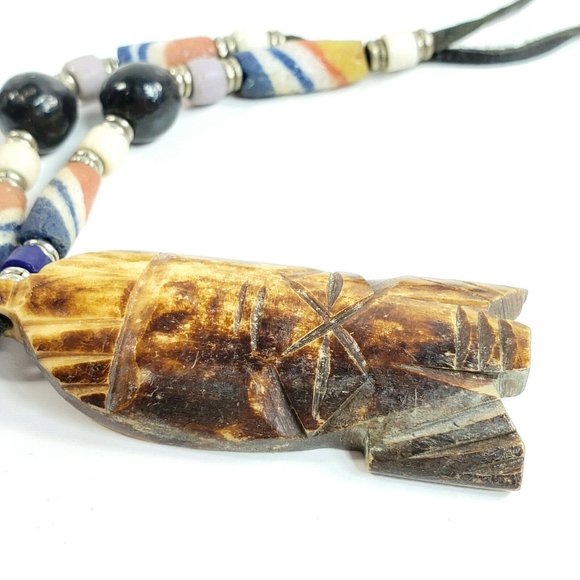 Vintage Ethnic Carved Stone Necklace Leather Cord - Picture 6 of 8